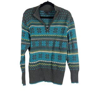 Nomadic Traders Sweater Women L Blue Mock Neck Pullover Knit Snowflake Striped